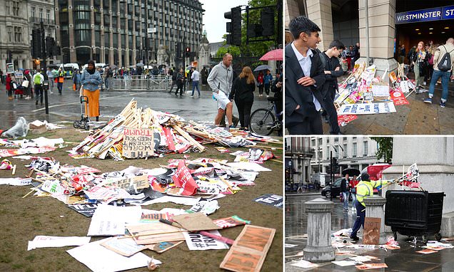Anti-trump activists leave behind a mountain of litter after listening to ranting Corbyn blast Trump | Daily Mail Online
