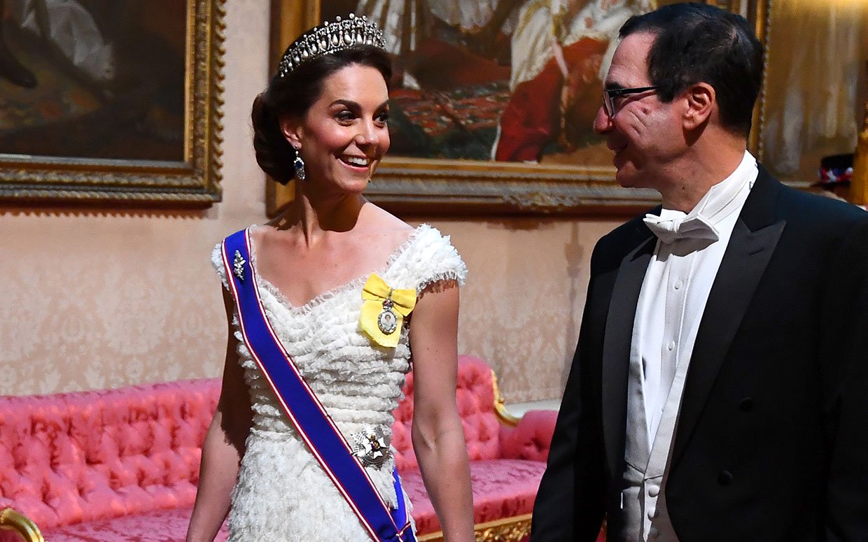 Duchess Kate Sparkles in White Gown and Tiara at State Banquet Honoring President Trump