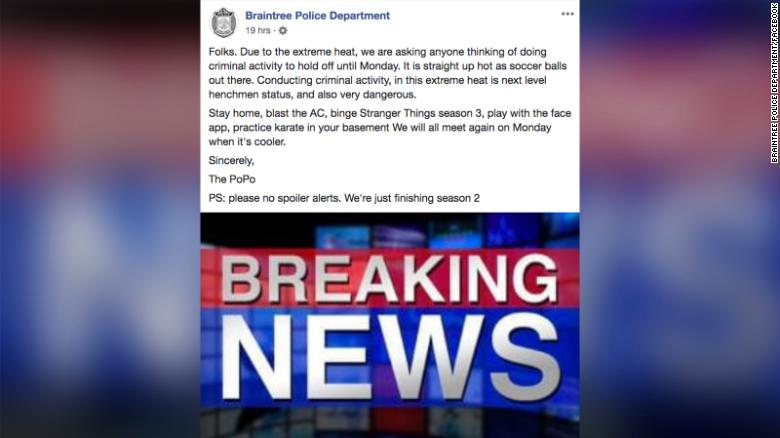 Massachusetts police ask residents to refrain from crime until after the heat wave passes